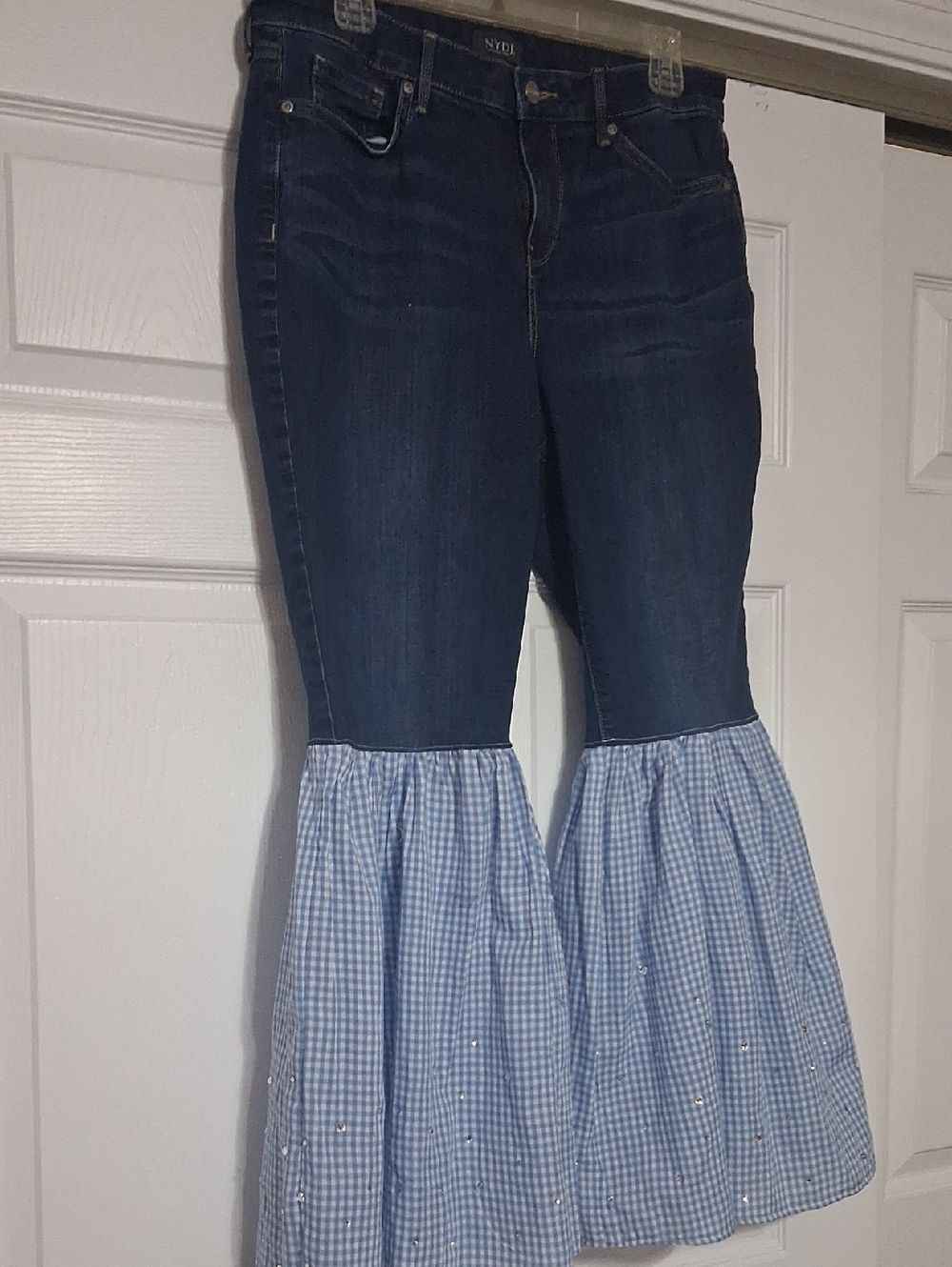 NYDJ Dark Blue Denim Jeans with Light Blue Gingham Ruffle Sz 14